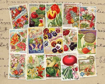 Vintage Flower Stickers Pack. Seed Packets, Vegetable Stickers, Gardening, Vintage Stickers, Junk Journal, Ephemera, Botanical