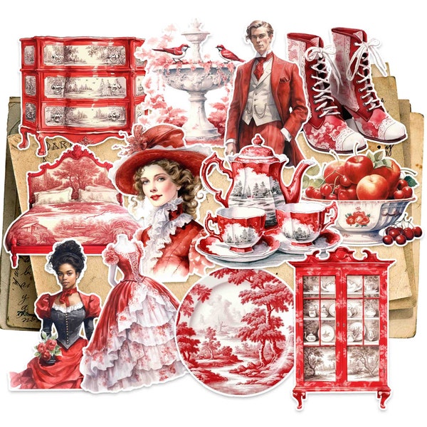 Vintage Red Delft Sticker Pack - Toile de Jouy - Pottery Stickers -Vintage Stickers - Victorian Stickers