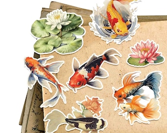 Vintage Koi Mini Sticker Pack. 7 Stickers - Junk Journal Stickers - Laptop Stickers - Ephemera - Crafting - Gifts.