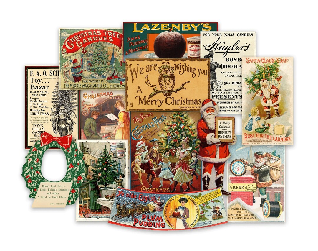 Antique Christmas Stickers. Old Timey Christmas Advertisements. Vintage