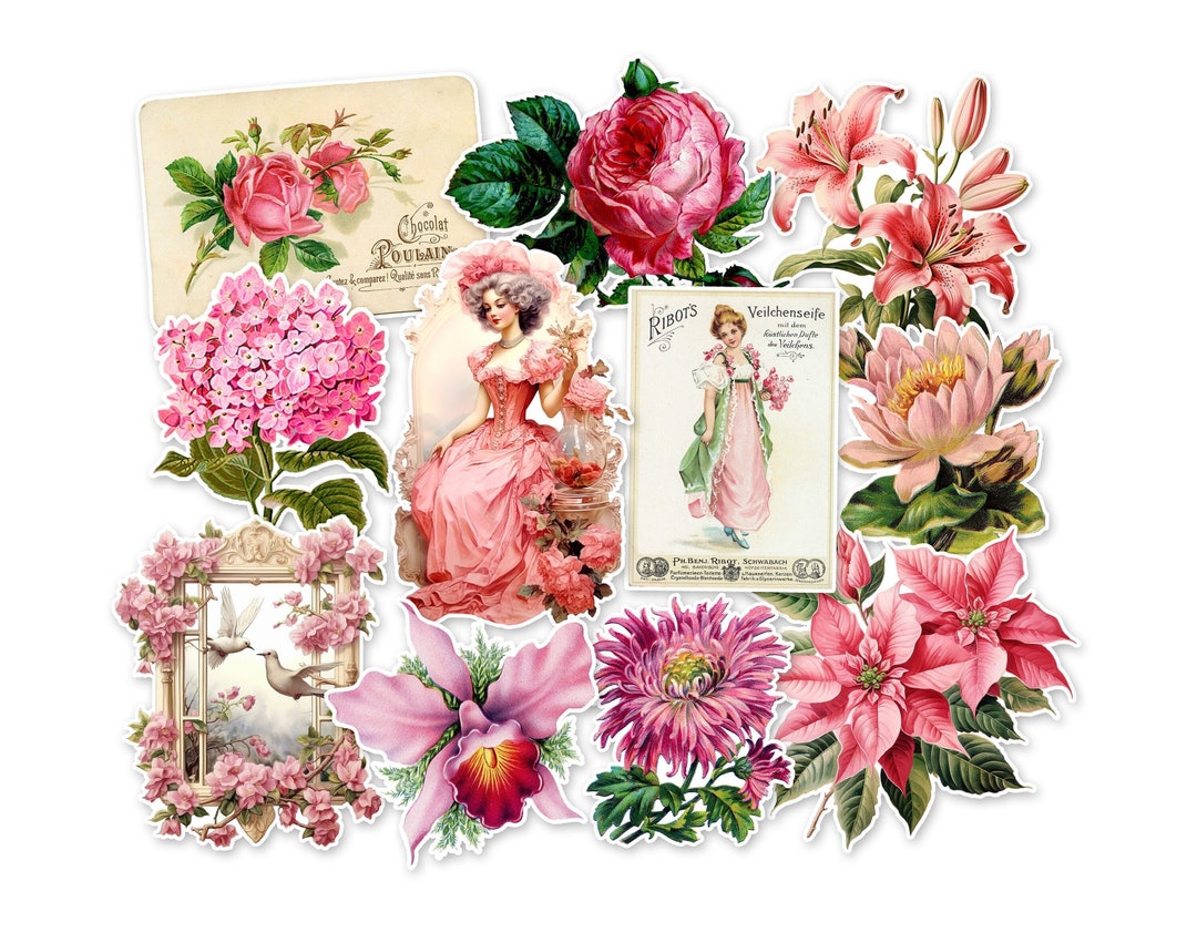 Vintage Pink Flower Sticker Pack. Vintage Stickers, Floral Stickers ...