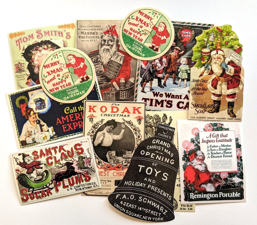 Antique Christmas Stickers. Old Timey Christmas Advertisements. Vintage
