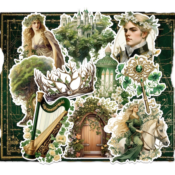 Forest Elf Sticker Pack. Elven Kingdom, Vintage Stickers, Journal Stickers, Handmade Gift, Scrapbook Stickers, Fantasy.