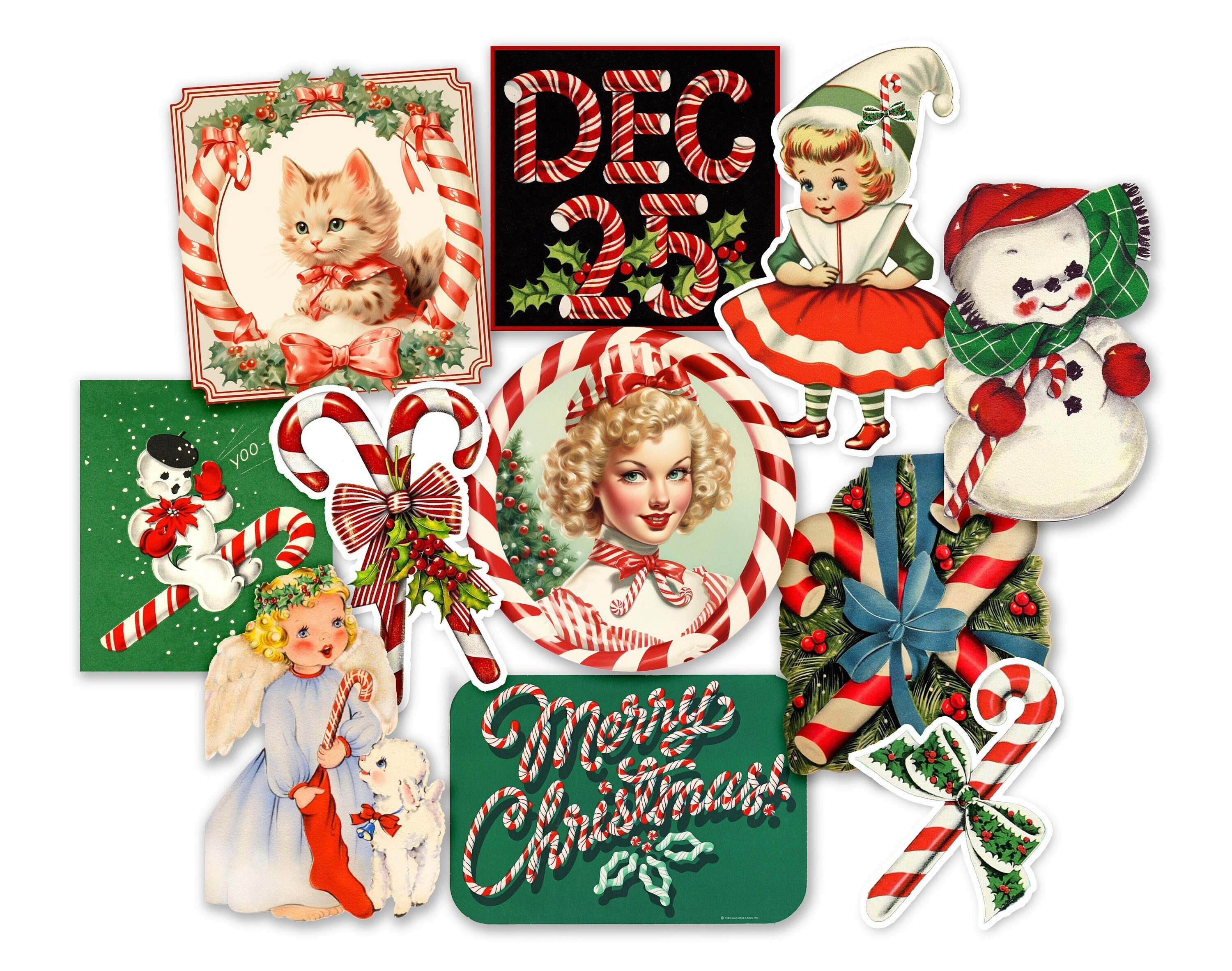 Vintage Candy Cane Christmas Sticker Pack Retro Christmas Stickers Vintage  Christmas Decorations Stocking Stuffers Gift Stickers. 