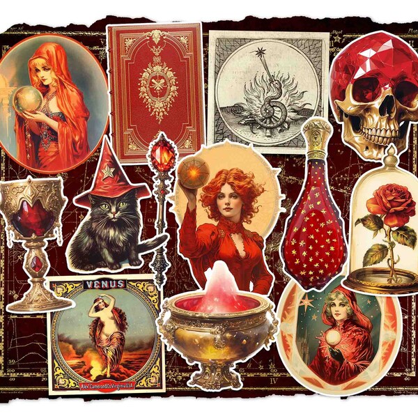 Scarlet Sorceress Sticker Pack - Red Witch Stickers - Junk Journal Stickers - Laptop Stickers - Handmade Gifts - Vintage Aesthetic.