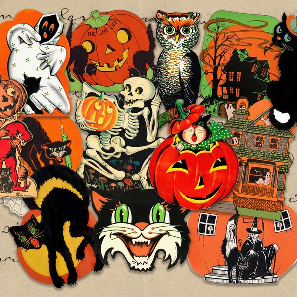Vintage Halloween Stickers. Retro Halloween, Pumpkin Stickers, Halloween Decorations, Junk Journal Stickers.