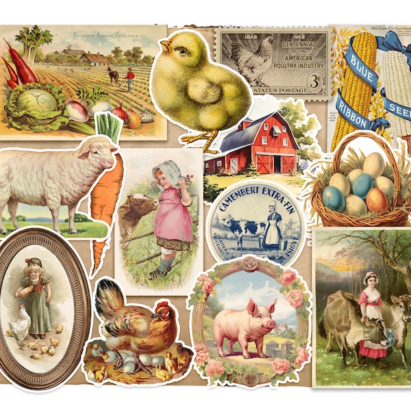 Vintage Farm Sticker Pack - Victorian Farmhouse Stickers - Chicken Stickers - Cow Stickers - Pigs - Journal Stickers - Laptop Stickers.