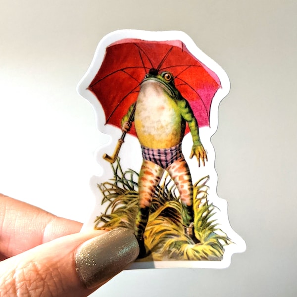 Grumpy Victorian Umbrella Frog Vinyl Waterproof Sticker. Victorian Stickers, Vinyl Sticker, Vintage Sticker, Frog Sticker, Laptop Sticker