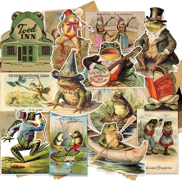 Vintage Frog and Toad Sticker Pack - Set #2 - Cottagecore Ephemera - Laptop Stickers - Cute Animal Stickers.