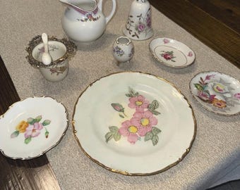 Vintage lot English and German Mixed China Saucers, & Pitcher Pink,White and Gold
