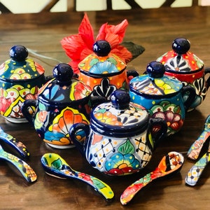 Kitchen Handmade Mexican Ceramic Talavera Sugar Bowl with Sugar Spoon