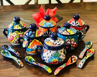 Kitchen Handmade Mexican Ceramic Talavera Sugar Bowl with Sugar Spoon