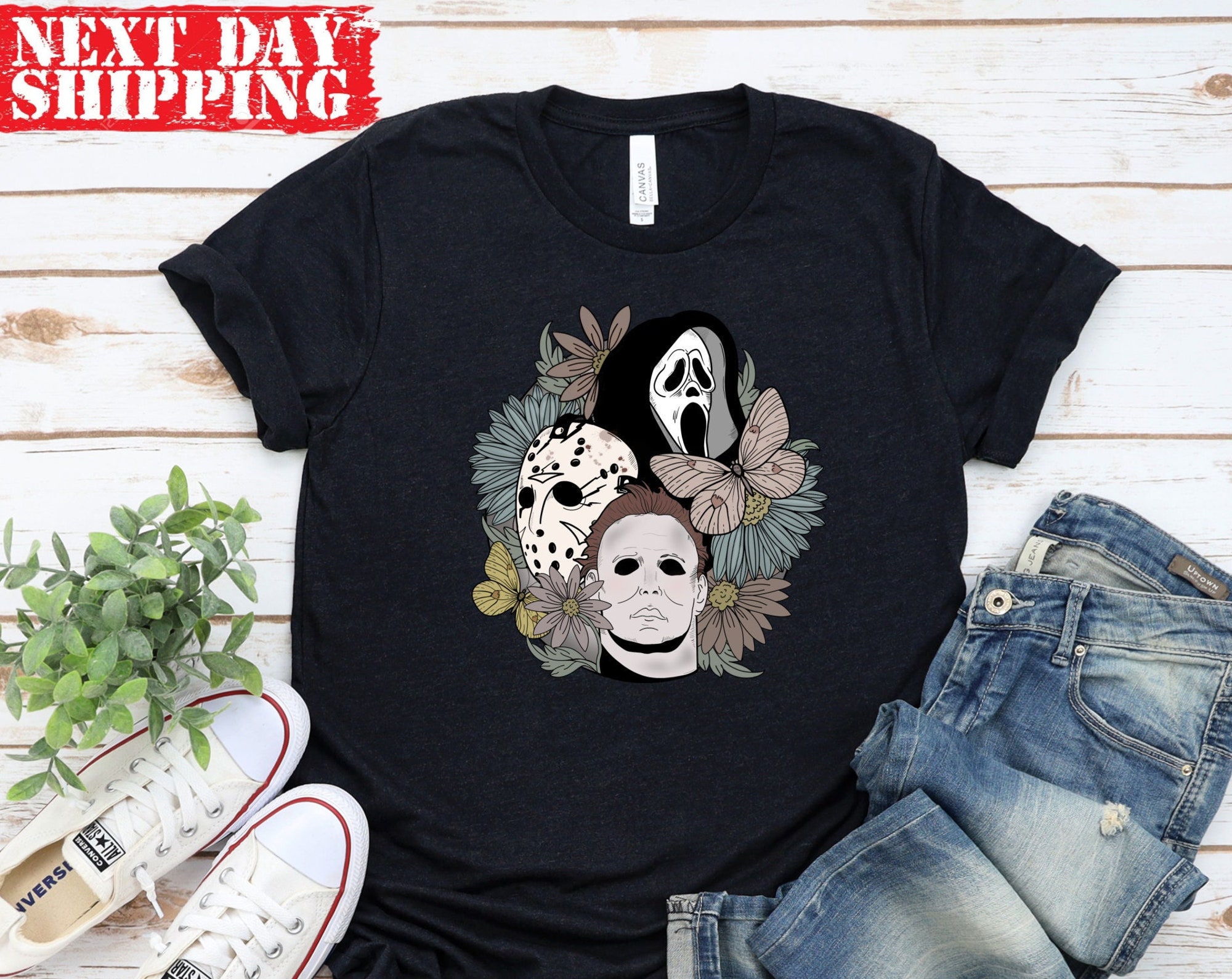 Discover Halloween Horror Movie T-shirt, Scream, Jason, Michael Myers, Horror Movie Floral shirt, Fall Shirt, Halloween Gift, Retro Halloween Shirt