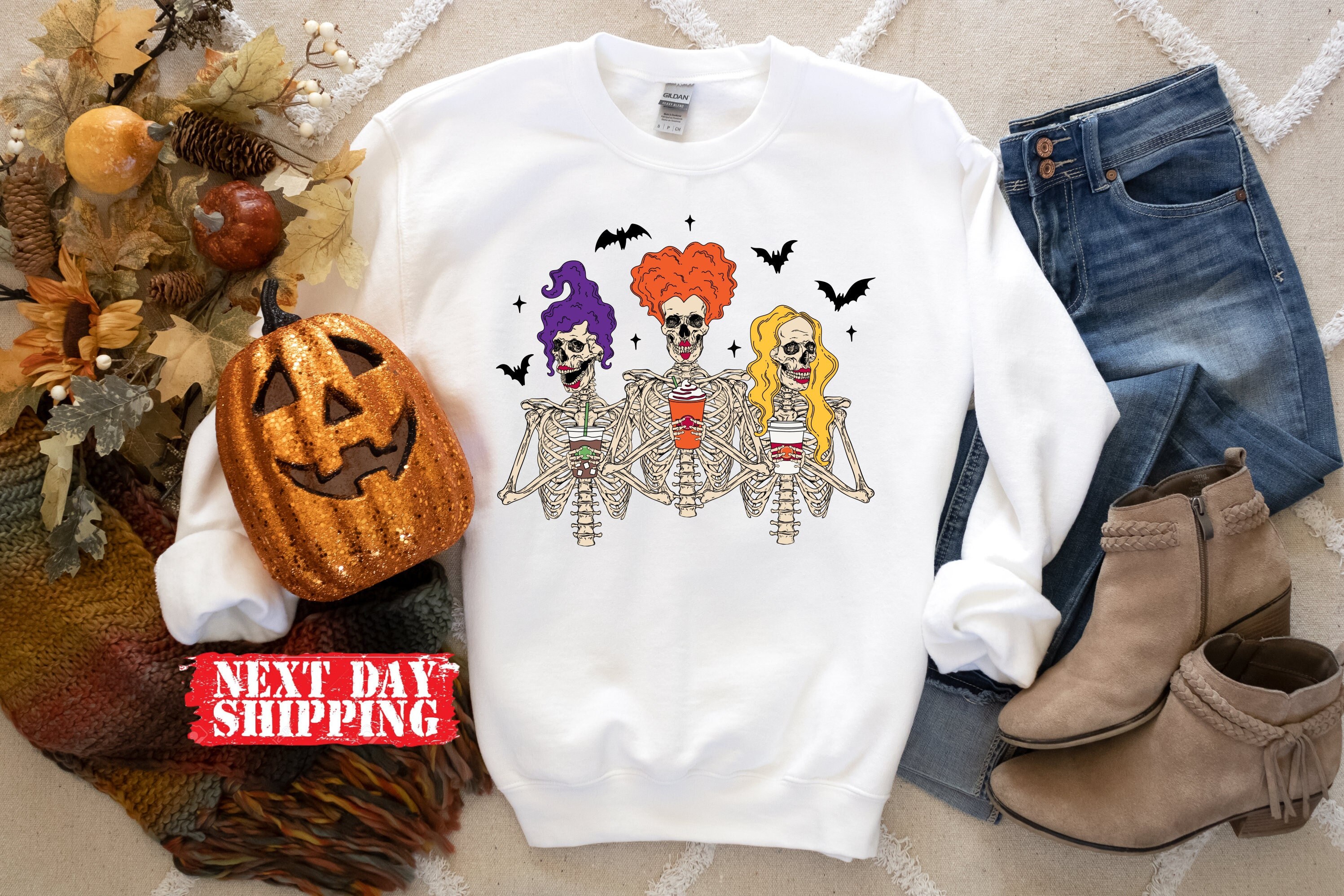 Sanderson Sisters Skeleton With Coffee Sweatshirt, Halloween Sweatshirt