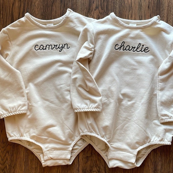 The Eleanor Romper- Embroidered Baby Sweatshirt Romper, Bubble Romper, Name Bubble