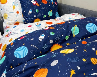 Solar System Reversible Duvet Cover Set, Space Bedding Set, Natural Cotton Comforter Cover Set and Sheet Set