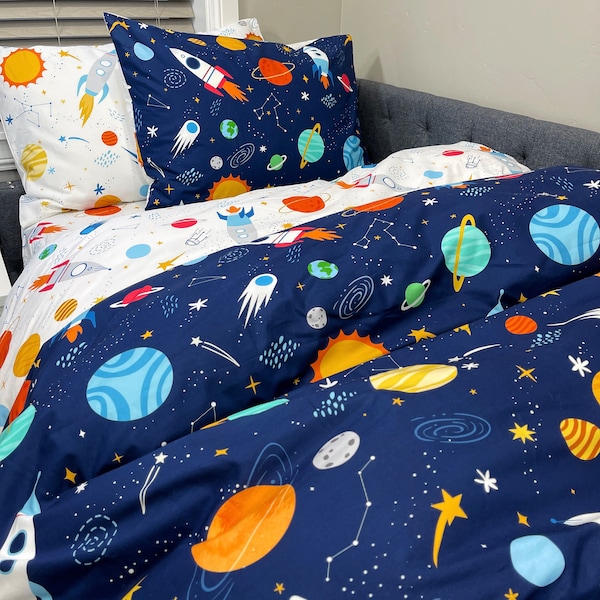 Solar System Reversible Duvet Cover Set, Space Bedding Set, Natural Cotton Comforter Cover Set and Sheet Set