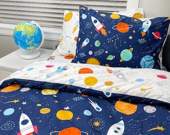 Solar System Reversible Duvet Cover Set or Sheet set，100% Cotton Space Theme Bedding, Twin size to Queen size