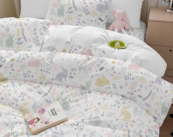 Rabbit Blossom Bedding Set, 100% Natural Cotton Duvet Cover Set and Sheet Set,  Soft and Silk Feeling of Touch, Best Easter Gift Choice