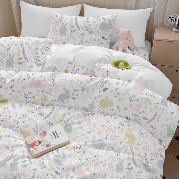 Rabbit Blossom Bedding Set, 100% Natural Cotton Duvet Cover Set and Sheet Set,  Soft and Silk Feeling of Touch, Best Easter Gift Choice
