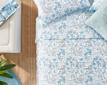 Eahphy Aquarium Lover, Blue Percale Flat, Fitted Sheet & Pillowcase(s) Set, 100% Cotton 4-Piece Ocean Fishes and Animals Set