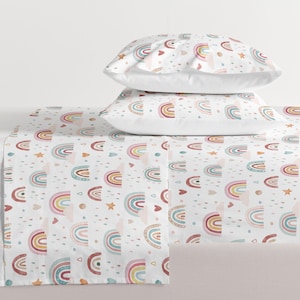 Rainbow Cloud Cotton Bed Sheet Set: Watercolor Print, Girls Bedding