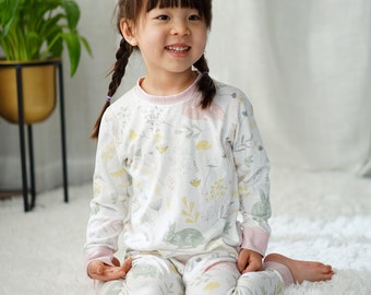 Rabbit and Flowers, Cartoon Bamboo Toddler Pajamas Long Sleeve, Bamboo Kids Pajama Set, 2 Piece Pajama Set