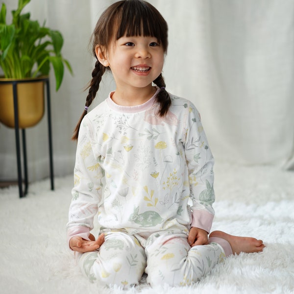 Rabbit and Flowers, Cartoon Bamboo Toddler Pajamas Long Sleeve, Bamboo Kids Pajama Set, 2 Piece Pajama Set