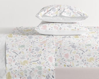 Eahphy Rabbit Blossom Sheet Set, 100% Natural Cotton Fitted Sheet Set,  Soft and Silk Feeling of Touch, Best Easter Gift Choice