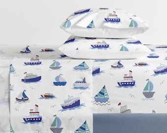 Eahphy Sailboat Sheet Set, 100% Natural Cotton Ocean Theme Bedding Set, Flat, Fitted Sheet & Pillowcase(s) Set, Twin/Full/Queen
