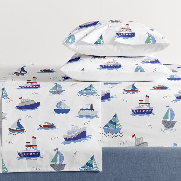 Sailboat Sheet Set, 100% Natural Cotton 4-Piece Ocean Theme Bedding Set, Boys Fitted Sheet Set, Twin/Full/Queen