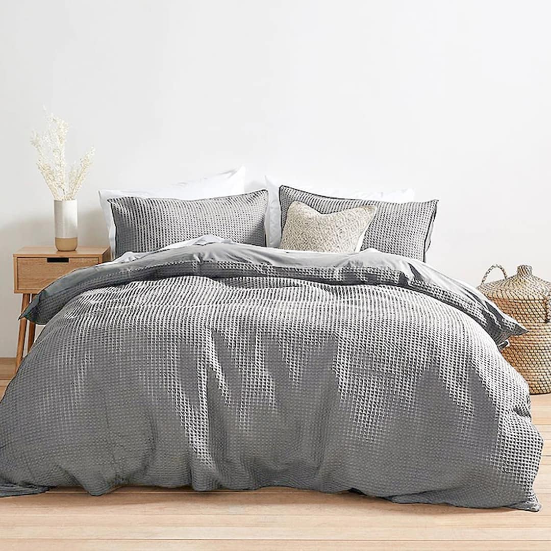 Gray Cotton Waffle Duvet Cover Bedding Set 100 Cotton Waffle Weave