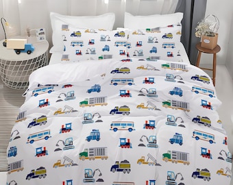 Busy Cars Duvet Cover Set, Twin/Full Queen, 100% Natural Cotton 3-Piece Vehicles  Bedding Set, Boys Quilt Cover Set