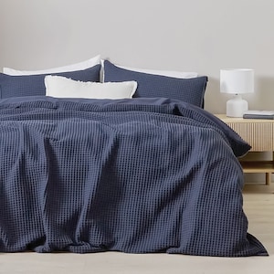 Muted Navy Cotton Waffle Weave Duvet Cover Set: Queen/King Bedding