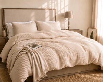 Cotton Waffle Duvet Cover Set, Flax Neutral Bedding, Soft Cozy Comforter Cover, Natural Minimalist Bedding