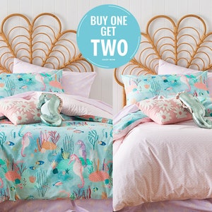 Eahphy 100 % coton naturel, ensemble de housse de couette Love our Sea, ensemble de literie hippocampe pour lit simple et grand lit, ensemble de housse de couette pour fille