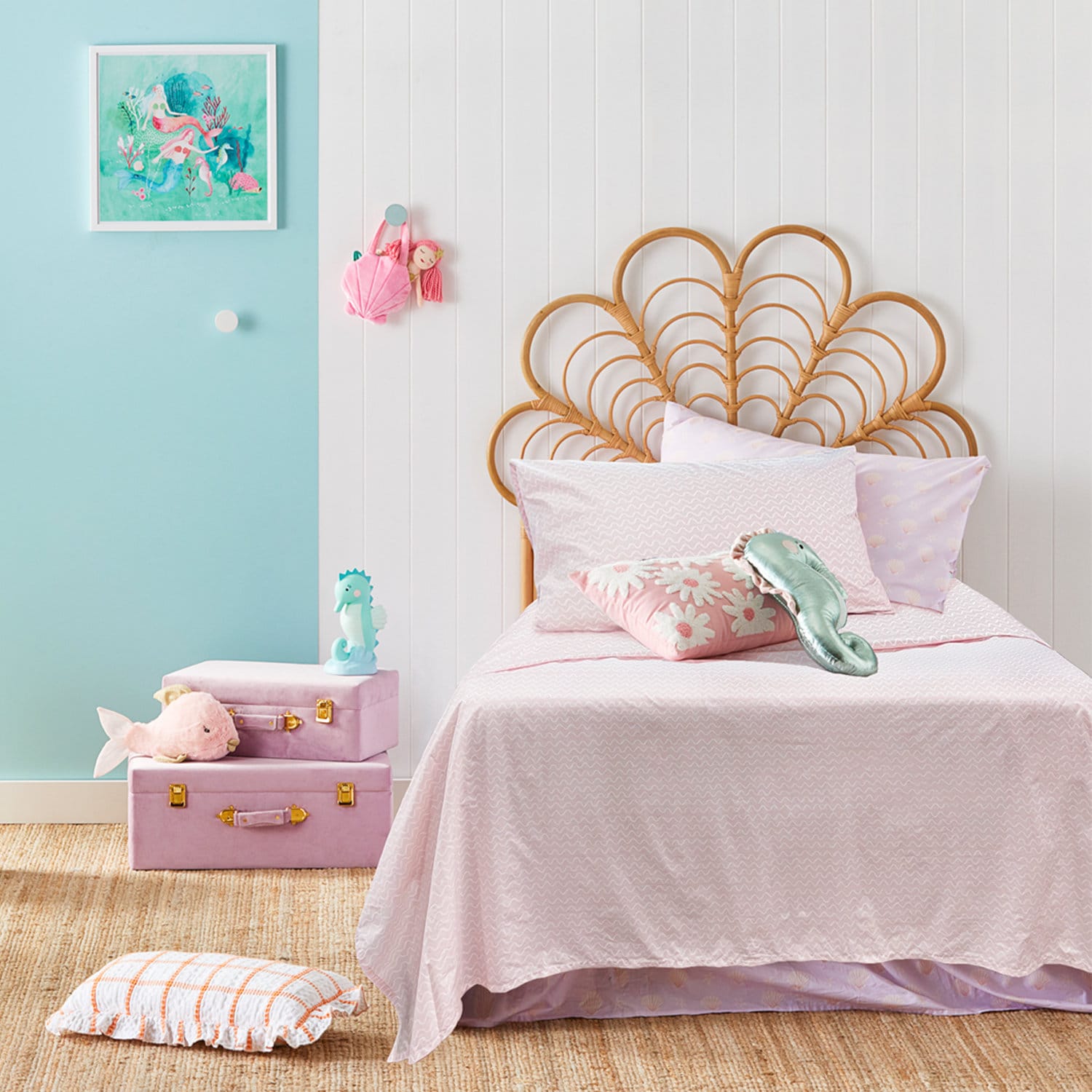Cute Pink, White Waves Percale Flat, Fitted Sheet & Pillowcase(s) Set, Twin Full Queen, 100% Natural Cotton 3/4-Piece Girl Bedding Set