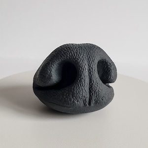 Puede incluir: Un juguete de goma gris oscuro con forma de nariz de perro y superficie texturizada. El juguete tiene dos orificios nasales y una ranura central, diseñado para parecerse a la nariz de un perro. El juguete es probablemente para jugar y entrenar a mascotas.