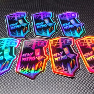 Holographic Arcade Sticker | vaporwave ,  cyberpunk decal  , rainbow decal ,  retro gaming, nostalgic core , gift for gamers , pinheads