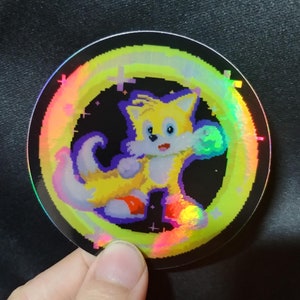 Pegatina holográfica de Tails the Fox, película de Sonic, videojuegos de los 90, Sega Genesis, regalos para nerds, arte peludo, jugador retro