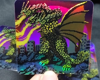 Kaiju King Gold Dragon | Pixel Art holographic , vaporwave , kaiju monster , Japanese , 80s, pop culture , gojira , tokusatsu