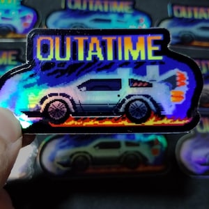 Pegatina del futuro Delorean del Time Car / pixel art holográfico, vaporwave, cultura pop de los 80, máquina del tiempo,