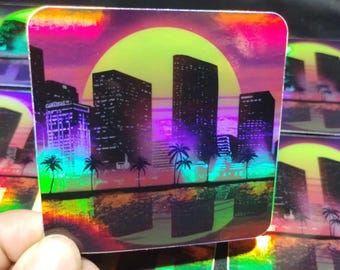 Vaporwave City Sticker | retro aesthetic | 80s retro sunset | outrun | sunset palm trees | planner stickers | gift for millennials