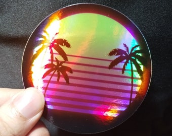 Retro Sunset Holographic sticker | vaporwave | retro decor | landscape nature | water bottle | planner stickers | gift for him