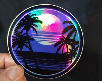 Holographic Sunset Sticker    || retrowave , vaporwave , 80s , outrun , gaming , waterbottle, 80s, retro, glitch, sunset, beach , travel