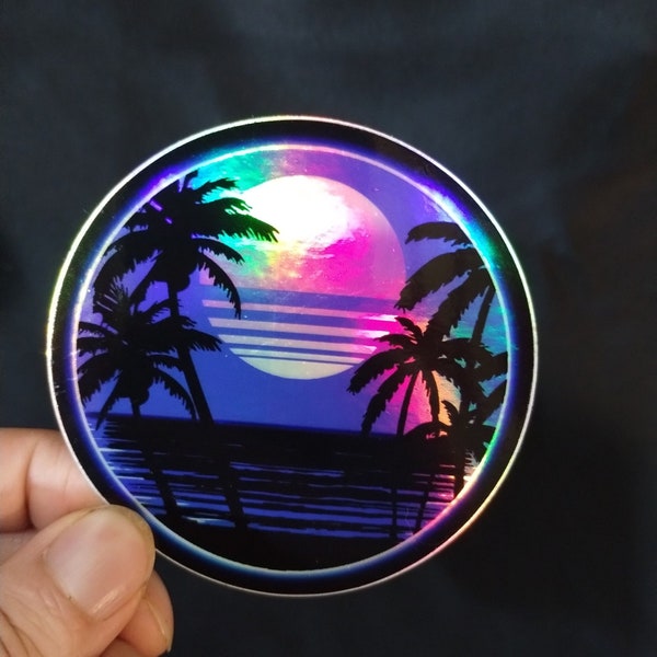 Holographic Sunset Sticker    || retrowave , vaporwave , 80s , outrun , gaming , waterbottle, 80s, retro, glitch, sunset, beach , travel