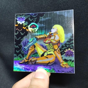 Pegatina holográfica de Samus Metroid, fan art de Metroid, Switch, inspirada en Nintendo, videojuegos retro de los 90, calcomanía de videojuegos, artista de píxeles