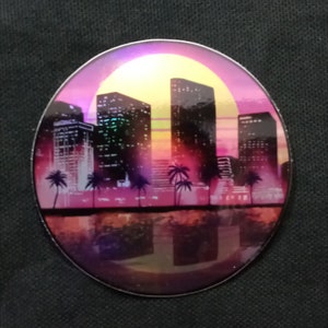 Outrun Sticker -  Miami Cityscape   |   synthwave, vaporwave, outrun, 80s, retro, , neon, sunset, car, ferrari, LA , beach , palm trees