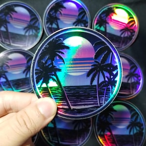 Retro Sunset Sticker | holographic vaporwave , retro 80s , gaming decals , laptop sticker , water bottle 80s, gift for her,  gift for him