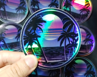 Retro Sunset Sticker | holographic vaporwave , retro 80s , gaming decals , laptop sticker , water bottle 80s, gift for her,  gift for him